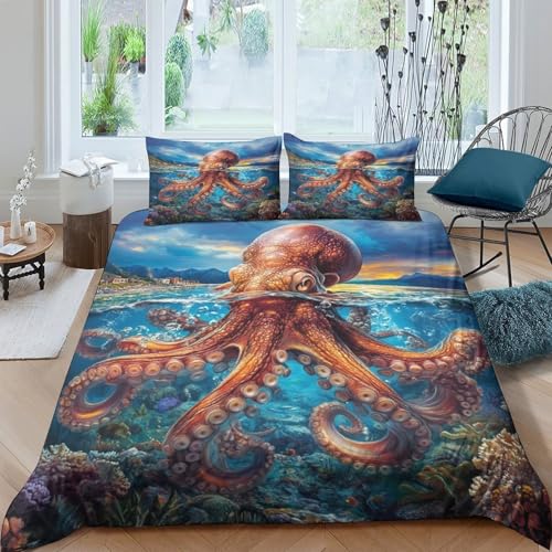 Oktopus Bettbezug Set Tiere Motiv Steppbezug Mit 2 Kissenbezug Und Reißverschluss Schlafzimmer Dekor 3 Teilig Für Erwachsene Und Kinder King（220x240cm） von EllieAu