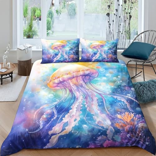 Qualle Bettbezug 3D Gedruckte Tiere Bettwäsche Mit 2 Kissenbezügen Und Reißverschluss Mikrofaser 3 Teilig Ür Erwachsene Kinder King（220x240cm） von EllieAu