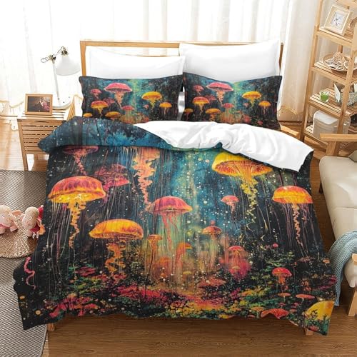 Qualle Bettbezug Set Tiere Motiv Steppbezug Mit 2 Kissen Scham Und Reißverschluss Atmungsaktive Weiche Bequemer 3 Teilig Für Erwachsene Und Kinder Single（140x200cm） von EllieAu