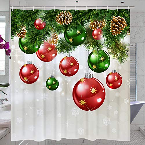 Elloevn Fröhliche Weihnachten Duschvorhang, Weihnachtskugeln Badewannevorhang für Erwachsene, Wasserdicht, Anti Schimmel, Antibakteriell Shower Curtain, 175x178 cm von Elloevn