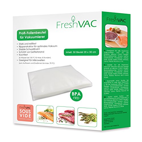 FreshVac Folienbeutel 20x30 cm, 50 Stück für Ihren Vakuumierer, starke & reißfeste Vakuumbeutel (Materialstärke ca. 140 µm), BPA-frei, ideal für SousVide Garen von Caso