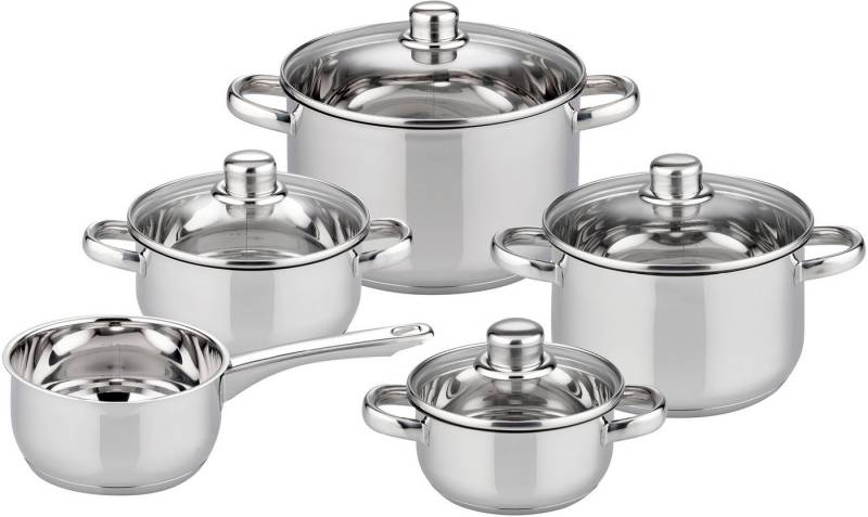 Elo Basic Topf-Set Galactica, Edelstahl 201 (Set, 9-tlg., je 1 x Kochtopf mit Deckel Ø 14/16/20/24 cm, 1 Stielkasserolle Ø 16 cm), Induktion von Elo Basic