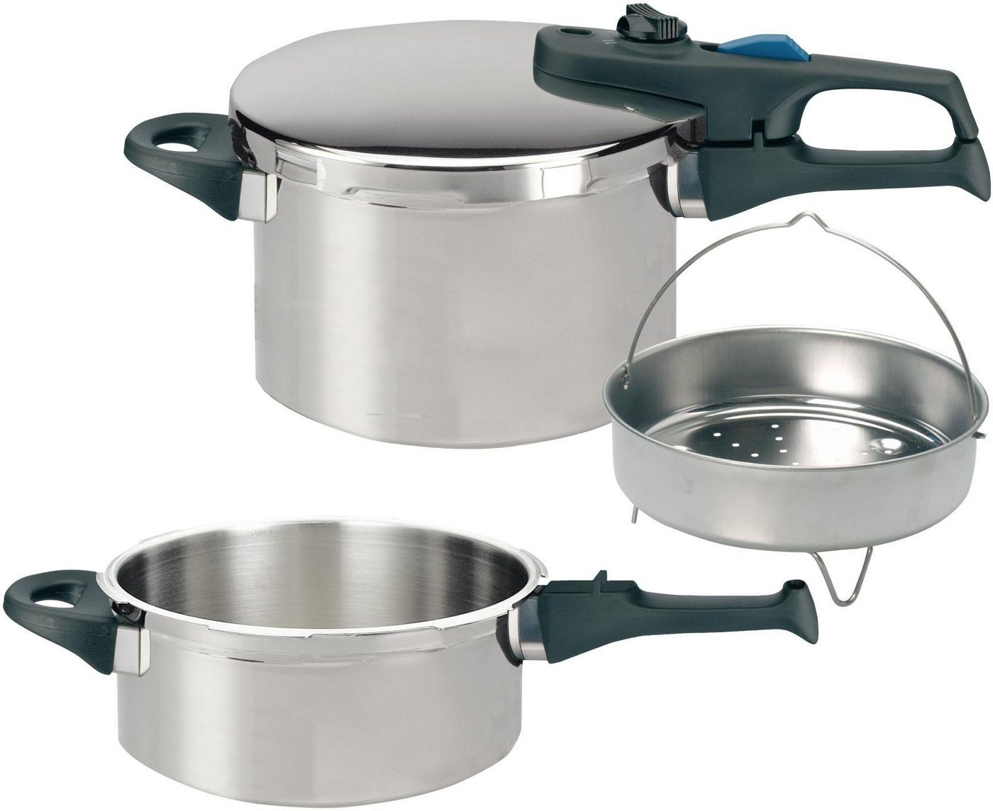 Elo Schnellkochtopf Praktika Plus XL, Edelstahl 18/8 (Set, 5-tlg), Dampfkochtopf, Ø 22 cm, Induktion von Elo