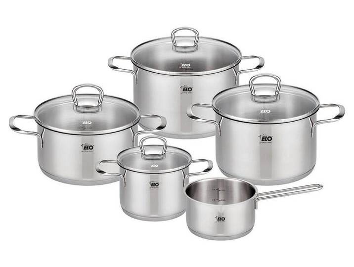 Elo Topf-Set JASPIS, 5-teilig, mit Glasdeckel, poliert, Edelstahl, Innenskalierung, Abgießrand, grau Elo Topf-Set JASPIS, 5-teilig, mit Glasdeckel, poliert, Edelstahl, Innenskalierung, Abgießrand, grau von Elo