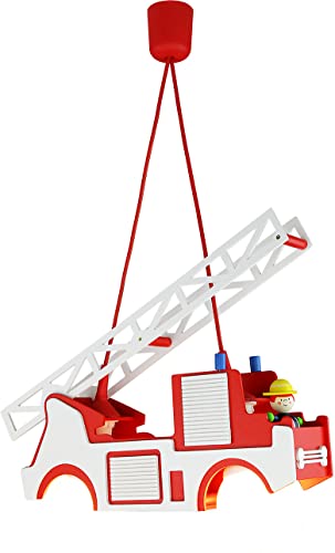 Elobra Deckenlampe Feuerwehr mit Feuerwehrmann, Pendellampe, Hängelampe, Lampe für Kinder, Kinderzimmerlampe, mit E27 Fassung, Rot von Elobra