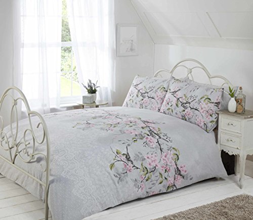 Eloise Oriental Blossom Duvet Cover and Pillowcase Set (Grey, King) by Made with LoVe von Rapport Home