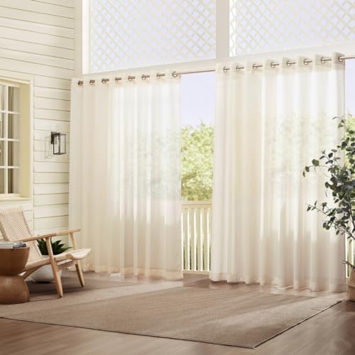 Elrene Home Fashions Carmen Sheer Extra Breit Wetterfester Vorhang mit Ösen Oben mit passendem Raffhalter für Veranda, Pergola, Terrasse, Deck, 295 cm B x 244 cm L, Elfenbein von Elrene