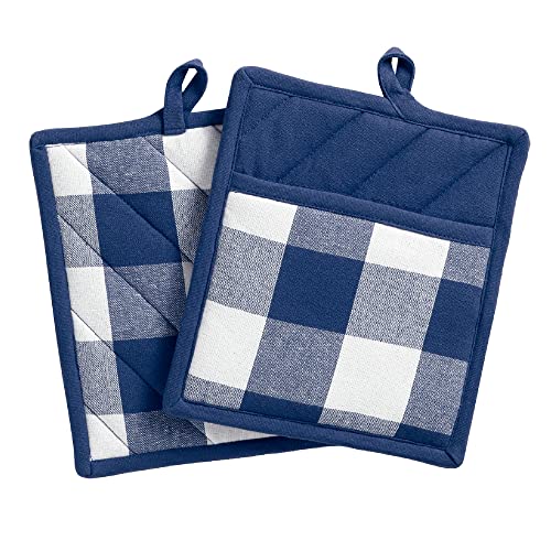 Elrene Home Fashions Farmhouse Living Buffalo-Check Topflappen-Set, rustikale Topflappen für Küche, 20,3 x 22,9 cm, blau/weiß von Elrene