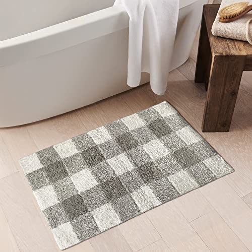 Elrene Home Fashions Farmhouse Living Buffalo Karomuster Country Weicher Plüsch saugfähiger Badvorleger für Badewanne, Dusche, Waschtisch oder Waschbecken, Baumwolle, Grau/Weiß, 20"x30" (Bath Rug) von Elrene