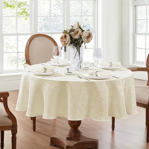 ELRENE HOME FASHIONS Caiden Elegance Damast-Tischdecke, Polyester, Elfenbein, 70" (Round) von Elrene