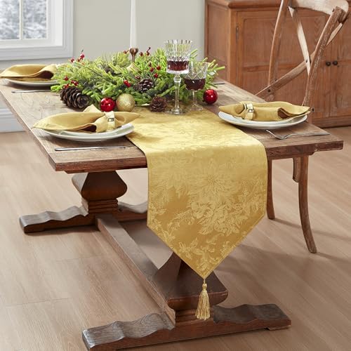Elrene Home Fashions Poinsettia Elegance Jacquard-Tischläufer, Polyester, Gold, 70" x 13" (Rectangular) von Elrene