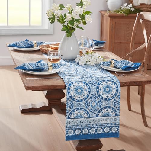 Elrene Home Fashions Vietri Medallion Blue Coastal Blockdruck Flecken- und wasserabweisend, Tisch- oder Konsolenläufer, für drinnen und draußen, 33 x 178 cm, Blau von Elrene