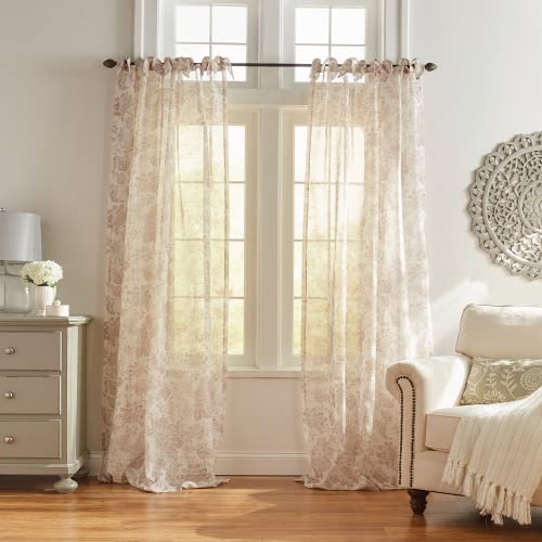 Elrene Home Fashions Floral Cottagecore Tie-Top Sheer Window Curtain, Poly-Linen Blend, Flax, 52" x 84" (1 Panel) von Elrene