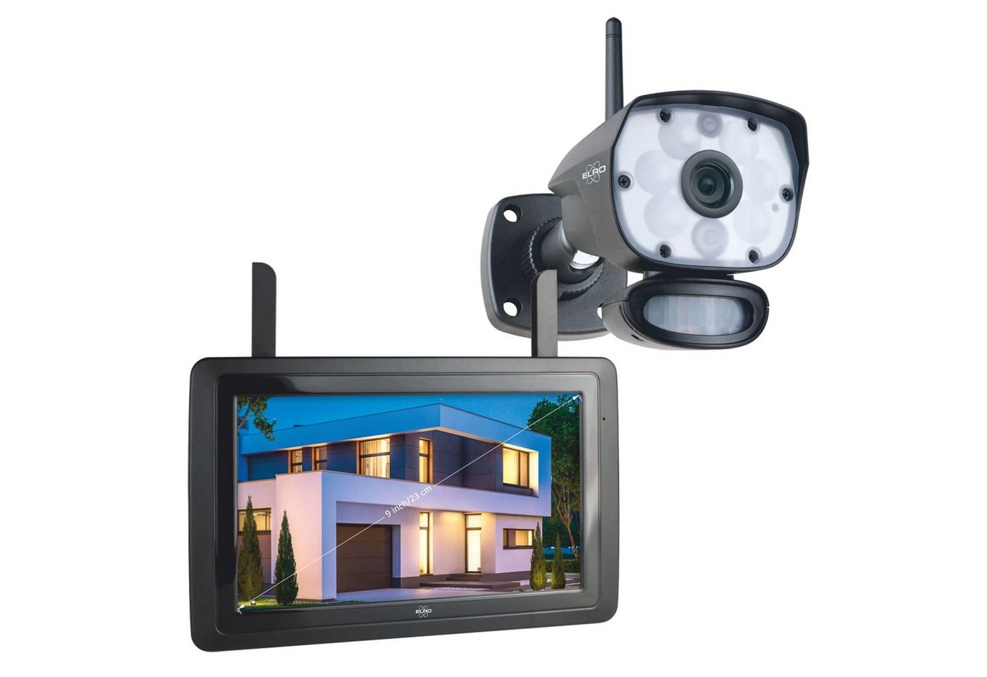Elro CZ60RIPS Überwachungskamera (Innenbereich, Außenbereich, 2-tlg., Color Night Vision Überwachungskamera und Monitor, Überwachungskamera mit PIR Bewegungsmelder, Kamera und 9Monitor)" von Elro