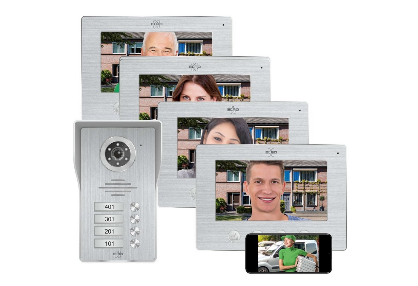 Elro DV477IP4 Video-Türsprechanlage (Innenbereich, Außenbereich, 5-tlg., Video Gegensprechanlage mit 4 Monitoren und App) von Elro