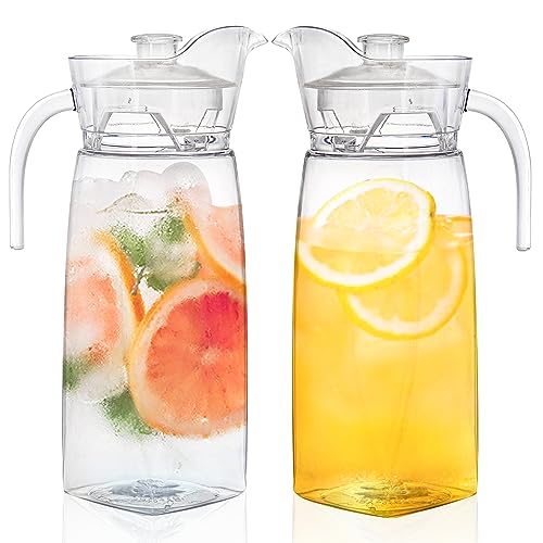 Elsjoy 2 Stück Acrylkrug mit Deckel und Ausguss, 1,3 L, Klarer Wasserkrug Unzerbrechlicher Getränkebehälter für Kühlschrank, Eistee, Limonade, Saft, Milch von Elsjoy