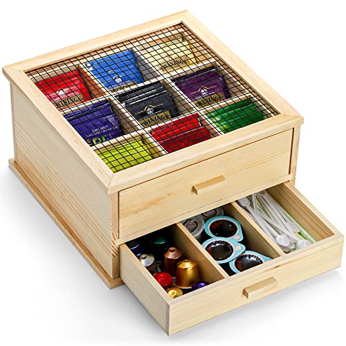 Elsjoy 2-stöckiger Tee-Organizer aus Holz, Tee-Aufbewahrungsbox aus Holz, rustikale Teebeutel-Organizer-Box mit 12 Fächern und Schubladen, großer Teebeutelhalter, Süßigkeiten, Milchkännchen von Elsjoy