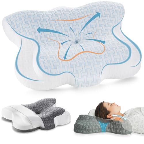 Elviros Orthopädisches Kopfkissen aus Memory Foam, Ergonomisches Nackenstützkissen Schlafkissen für Nackenschmerzen, Nackenkissen für Seiten, Rücken, Bauchschläfer, Blau von Elviros