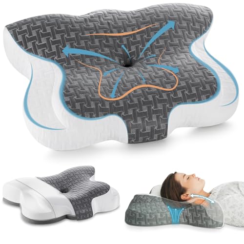 Elviros Orthopädisches Kopfkissen aus Memory Foam, Ergonomisches Nackenstützkissen Schlafkissen für Nackenschmerzen, Nackenkissen für Seiten, Rücken, Bauchschläfer, Dunkelgrau von Elviros