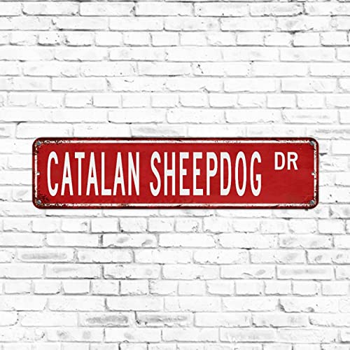 Katalanischer Schäferhund DR, rotes Straßenschild, Vintage-Blechschild, rustikales Hundehausschild, hochwertiges Aluminium, Tier, Haustier-Straßenschild, Hundebesitzer, Geschenk, Hundeliebhaber von Elvoes