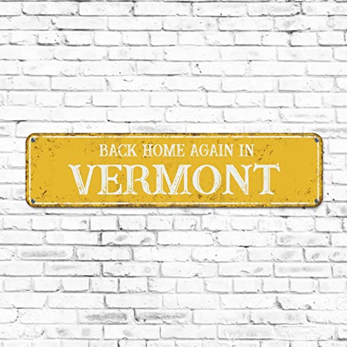 Metallschild "Back Home Again in Vermont", rustikales Straßenschild aus Metall, Vintage-Stil, Heimdekoration, gelbes Staat, Metall-Blechschild, Wandkunst für Bar, Pub, Esszimmer, Café, Restaurant von Elvoes