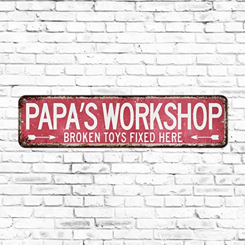 Papa's Workshop Broken Toys Fixed Here Straßenschild Retro Chic Blechschild Rustikal Vintage Küche Bar Pub Café Dekor 10,2 x 45,7 cm Metallschild Schilder Home Store Man Cave Decor von Elvoes