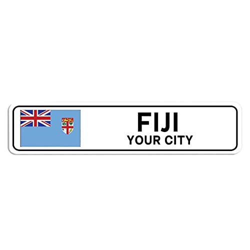 Personalisiertes Fidschi-Straßenschild Fidschi-Flagge, individueller Stadtname, Metall-Blechschild, Fidschi-Straße, Wandkunst, Dekoration, Heimdekoration, individuelles Geschenk für ausländische von Elvoes