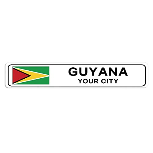 Personalisiertes Guyana-Straßenschild Guyana-Flagge, individueller Stadtname, Metall-Blechschild, Guyana-Straßen-Wandkunst, Heimdekoration, individuelles Geschenk für ausländische Freunde, Nachbarn von Elvoes