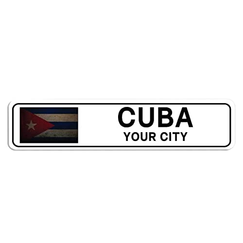 Personalisiertes Kuba-Straßenschild Kuba-Flagge, individueller Stadtname, Metall-Blechschild, Wandkunst, Heimdekoration, individuelles Geschenk für ausländische Freunde, Nachbarn, 10,2 x 45,7 cm von Elvoes