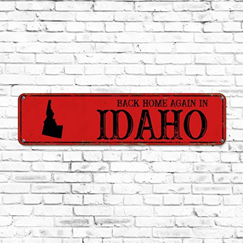 Rustikales Metall-Straßenschild für Heimdekoration, Back Home Again in Idaho Blechschild, schickes Schild, Idaho Staat, Aluminium-Verkehrsschilder, rote Metallplatte, Wanddekoration, Geschenk, 10,2 x von Elvoes