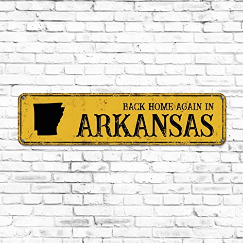 Vintage Home State Schild Back Home Again in Arkansas Blechposter Metall Straßenschild 10,2 x 45,7 cm Gelb Outdoor Aluminium Straßenschilder Rustikale Heimdekoration für den Außenbereich, Garten von Elvoes