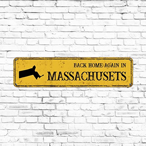 Vintage Home State Schild "Back Home Again in Massachusets", Blechposter, Metall-Straßenschild, 7,6 x 30,5 cm, gelb, für den Außenbereich, Aluminium, rustikale Heimdekoration für den Außenbereich Vintage Home State Schild "Back Home Again in Massachusets", Blechposter, Metall-Straßenschild, 7,6 x 30,5 cm, gelb, für den Außenbereich, Aluminium, rustikale Heimdekoration für den Außenbereich von Elvoes