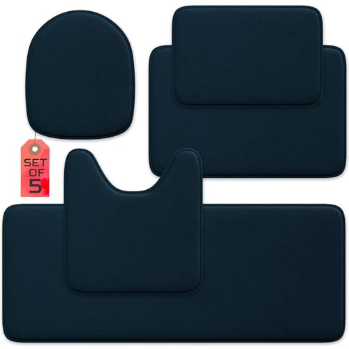 Elvoki Luxuriöses Badezimmerteppich-Set, 5-teilig, Memory-Schaum-Badvorleger, Toilettenvorleger, stark saugfähig, rutschfest, ultraweich, leicht zu reinigen, Marineblau Elvoki Luxuriöses Badezimmerteppich-Set, 5-teilig, Memory-Schaum-Badvorleger, Toilettenvorleger, stark saugfähig, rutschfest, ultraweich, leicht zu reinigen, Marineblau von Elvoki