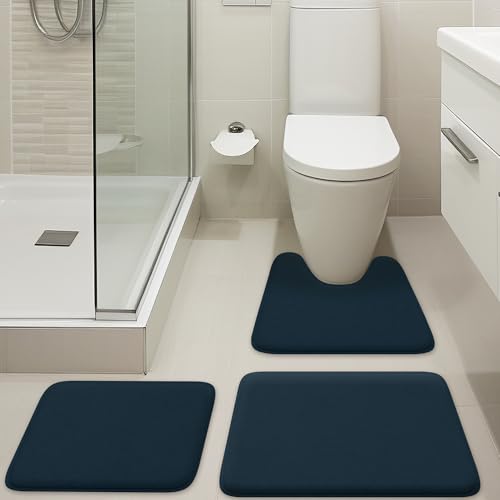 Luxuriöses Badezimmerteppich-Set, 3-teilig, Memory-Schaum-Badvorleger, Toilettenvorleger, stark saugfähig, rutschfest, ultraweich, leicht zu reinigen, Marineblau Luxuriöses Badezimmerteppich-Set, 3-teilig, Memory-Schaum-Badvorleger, Toilettenvorleger, stark saugfähig, rutschfest, ultraweich, leicht zu reinigen, Marineblau von Elvoki