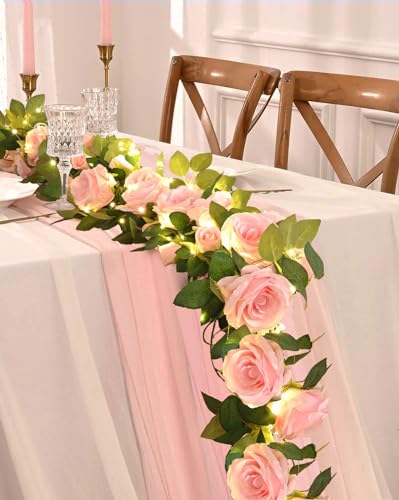 2 x rosa Blumengirlande, künstliche Rosenranken mit 50 cm Lichtern, 40 cm, Frühlingsgirlande, künstliche hängende Blumenranken, Sommergirlande für Hochzeit, Bogen, Party, Wand, Zimmer, ästhetische von Elyum