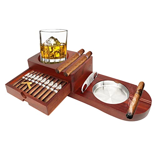 Zigarren-Aschenbecher, Untersetzer, Whiskeyglas-Tablett und Holzaschenbecher mit Zigarrenschneider, inklusive Schublade und Schlitz für Zigarre, tolle Dekoration für Zuhause, Büro oder Bar von EmaNYipe