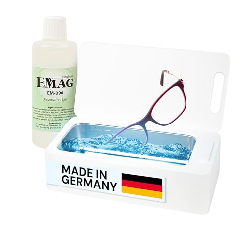 EMAG Emmi-03D Ultraschallreiniger 450ml – Ultraschallbad mit Edelstahlwanne & Timer 1-3-5 Min – für Brillen, Schmuck, Zahnersatz – inkl. 100ml Reinigungskonzentrat – 42kHz, 24W Leistung von Emag