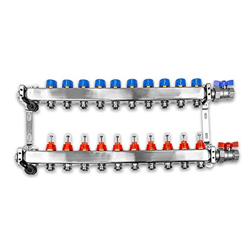 Verteiler für Fußbodenheizung, 10 Heizkreise, inkl. waagerechter Anschlussgarnitur Set von Emax