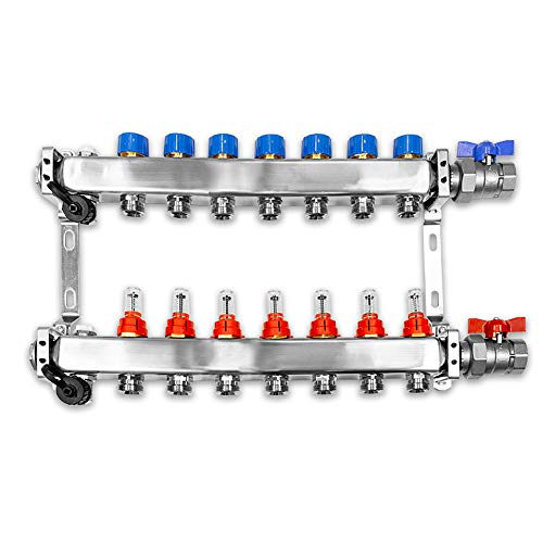 Verteiler für Fußbodenheizung, 7 Heizkreise, inkl. waagerechter Anschlussgarnitur Set von Emax