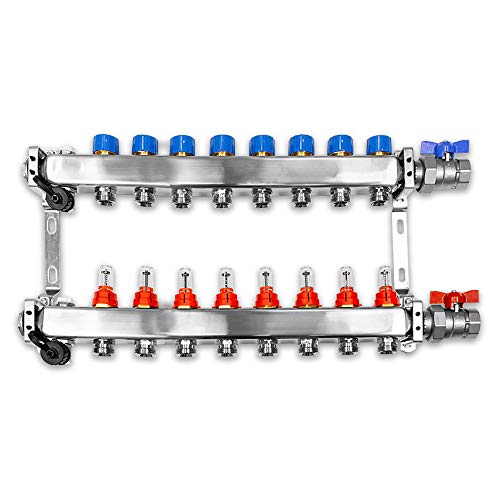 Verteiler für Fußbodenheizung, 8 Heizkreise, inkl. waagerechter Anschlussgarnitur Set von Emax