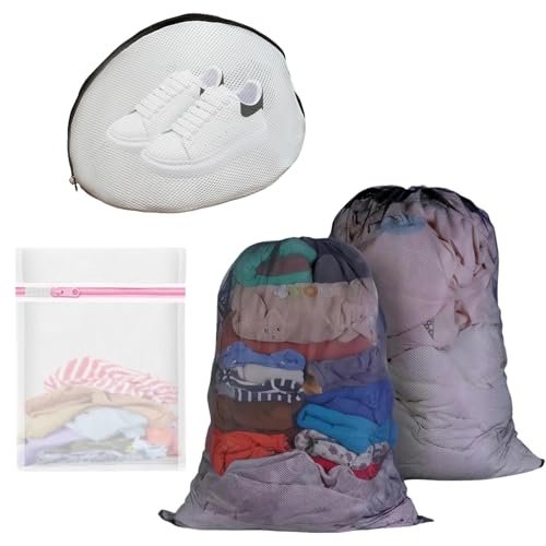 4er Set Wäschesack Set: 2x Große Wäschesack Waschmaschine 70x90cm + Sockenbeutel 23x30cm + Schuhbeutel 33x23cm | Premium Mesh | Schutz vor Verheddern in Waschmaschine | Komplettset von Embhlitfe