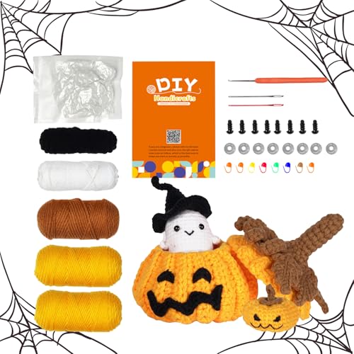Embhlitfe Halloween Häkelset für Anfänger mit Lehrvideo und Anleitung Crochet Set Halloween Kürbisgeist Häkelnadel Set für DIY-Bastelkunst Kreativ Geschenke Erwachsene (Geist) von Embhlitfe
