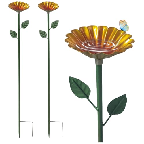 Vogelbad Garten Stehend 65x8cm - 2X Winterfeste Metall Vogeltränke mit Erdspieß, Rosarote Blumen Vogeltränke Groß für Wildvögel & Insekten (Gelb) von Embhlitfe