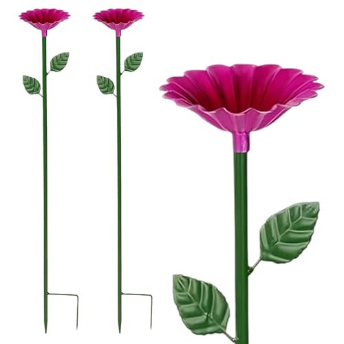 Vogelbad Garten Stehend 65x8cm - 2X Winterfeste Metall Vogeltränke mit Erdspieß, Rosarote Blumen Vogeltränke Groß für Wildvögel & Insekten von Embhlitfe