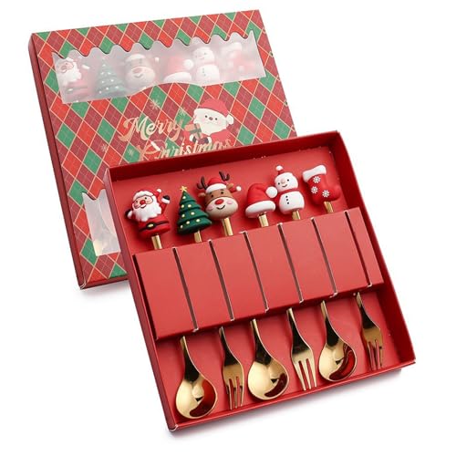 Weihnachtslöffel 6-teilig Edelstahl Löffel und Gabel Set mit Weihnachtsmotiven Geschenkbox 16,8 cm Hochglanzpoliert für Kaffee Dessert von Embhlitfe
