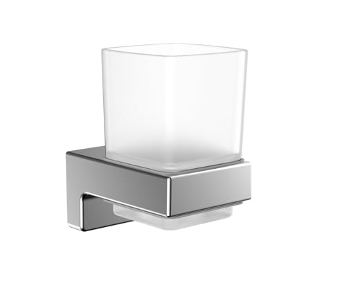 emco cue Zahnputzbecher aus Glas zum Kleben I Zahnbürstenhalter ohne Schrauben I Zahnputzglas aus Metall und Kristallglas in Chrom von Emco