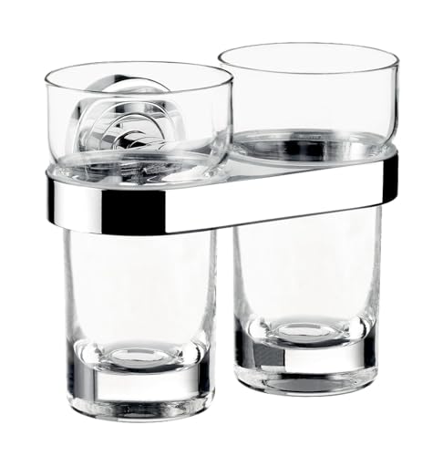 EMCO Polo Doppelglashalter mit 2 Gläsern, eleganter Zahnbürstenhalter zur Wandmontage, hochwertiger Zahnputzbecher aus Metall und Kristallglas, chromfarben und klar von Emco