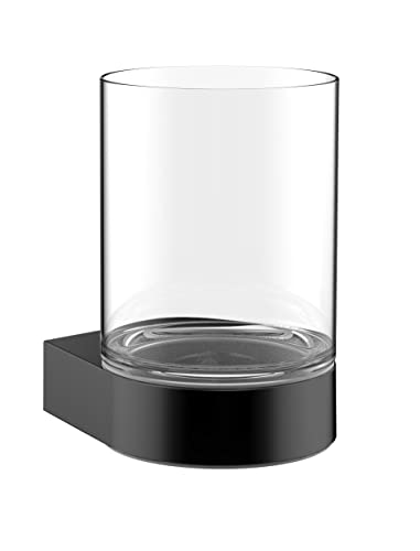 Emco Flow Glashalter mit 1 Glas, eleganter Zahnbürstenhalter aus Metall und Kristallglas, hochwertiger Zahnputzbecher zur Wandmontage, schwarz matt und klar von Emco