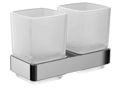 emco LOFT Doppelglashalter zur Wandmontage, eleganter und kompakter Zahnbürstenhalter aus Aluminium und Kristallglas, hochwertiger Zahnputzbecher, chromfarben und satiniert von Emco