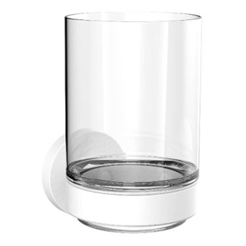 Emco Round Glashalter mit 1 Glas zur Wandmontage, eleganter Zahnbürstenhalter aus Metall und Kristallglas, hochwertiger Zahnputzbecher, matt weiß und klar von Emco